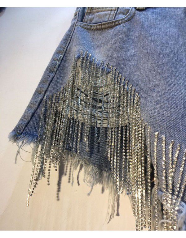 Summer New Breakthrough High Waist Rhinestone Tassel Chain Slim Fit Straight Barrel Denim Shorts Women