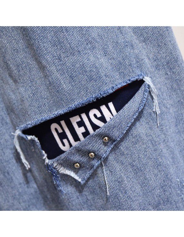 Spring New Broken Hole Denim Pants Straight Leg Wide Leg Casual Women's Pants
