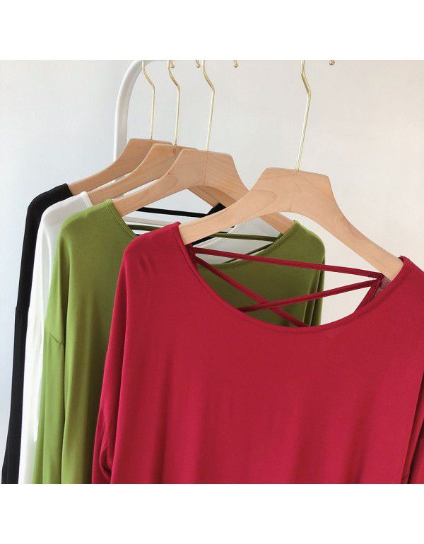 Modal sexy backless long-sleeved T-shirt women's loose large Korean autumn dress solid color draping lazy dance dress 