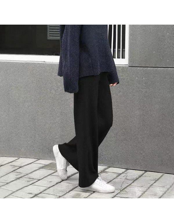 Women's wide leg trousers wear new white knitted trousers in autumn and winter, high waist draping loose wool pants 