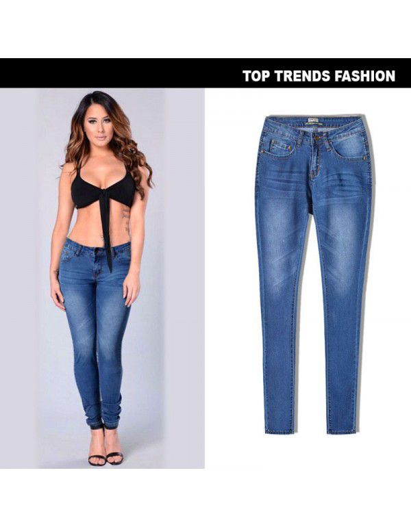 Women's low waist slim elastic denim leggings Irregular cat must have large size 