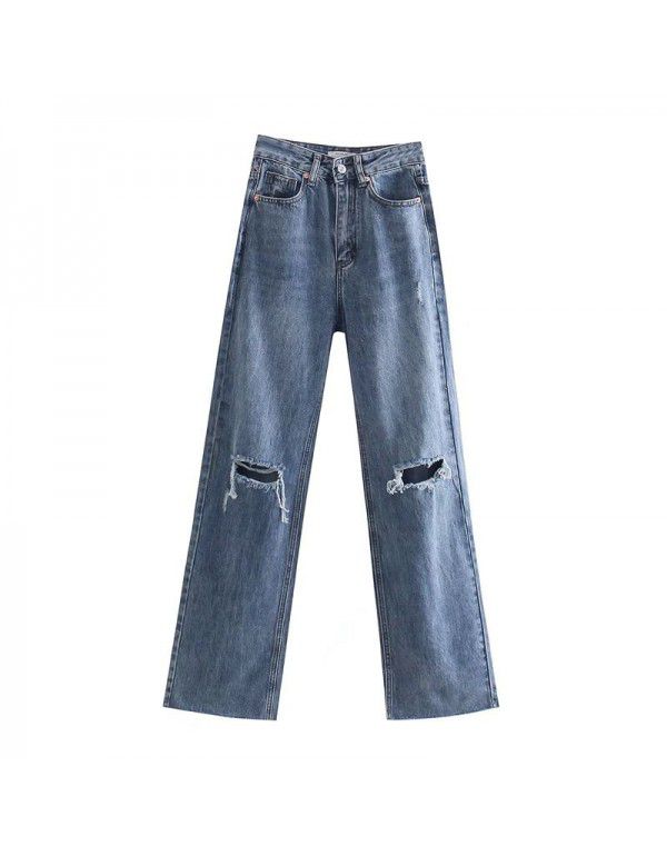 Women's Spring New Style Women's Washable Slim Perforated Decorative Wide Leg High Waist Jeans
