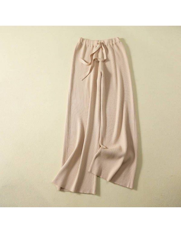 White wool knitted wide leg pants for women in autumn and winter, thickened high waist, thin straight tube, loose and draping casual pants 