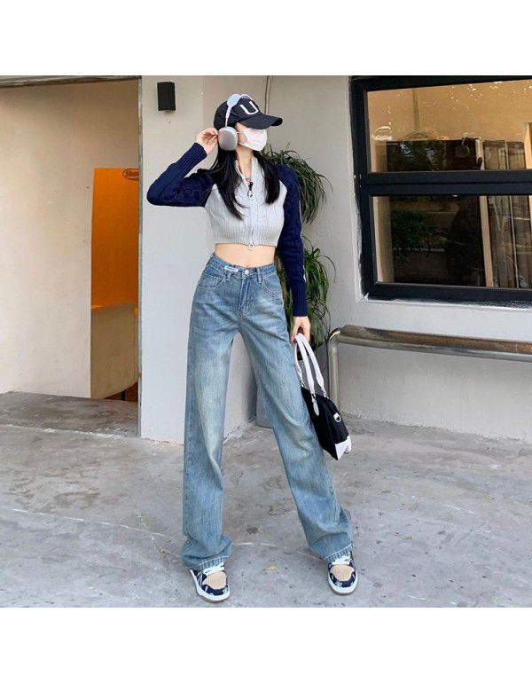 Vintage Blue Straight Leg Jeans Women's Spring New High Waist Loose Fit Slim Small Wide Leg Pants Fashion 