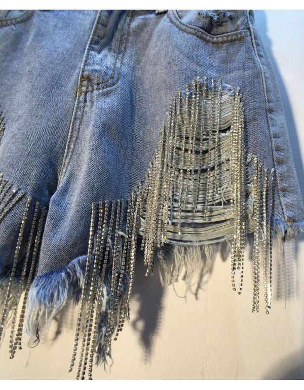 Summer New Breakthrough High Waist Rhinestone Tassel Chain Slim Fit Straight Barrel Denim Shorts Women