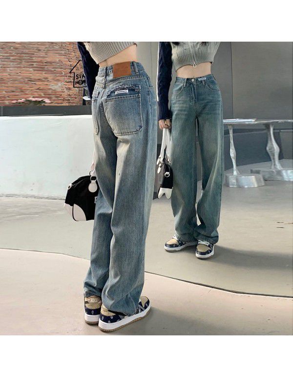 Vintage Blue Straight Leg Jeans Women's Spring New High Waist Loose Fit Slim Small Wide Leg Pants Fashion 