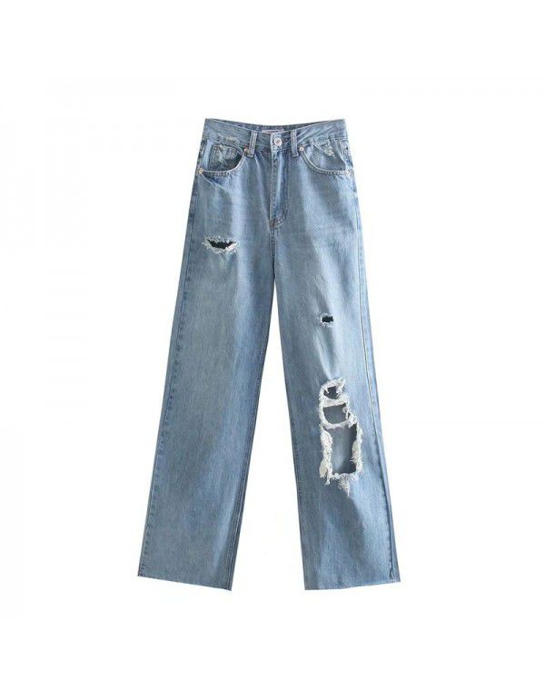 Women's Spring New Style Women's Washable Slim Perforated Decorative Wide Leg High Waist Jeans