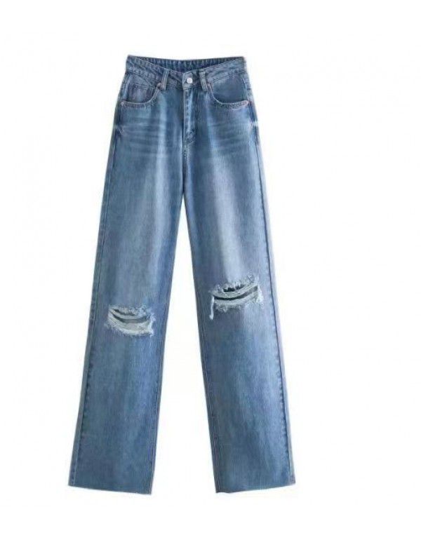 Women's Spring New Style Women's Washable Slim Perforated Decorative Wide Leg High Waist Jeans