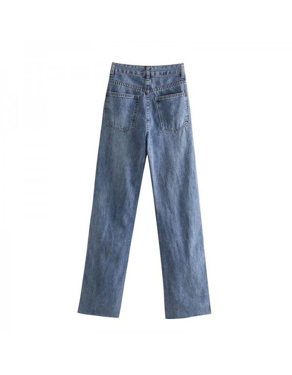Women's Spring New Style Women's Washable Slim Perforated Decorative Wide Leg High Waist Jeans