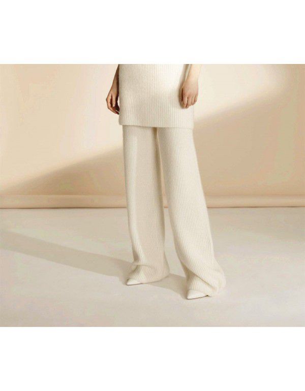 Women's wide leg trousers wear new white knitted trousers in autumn and winter, high waist draping loose wool pants 