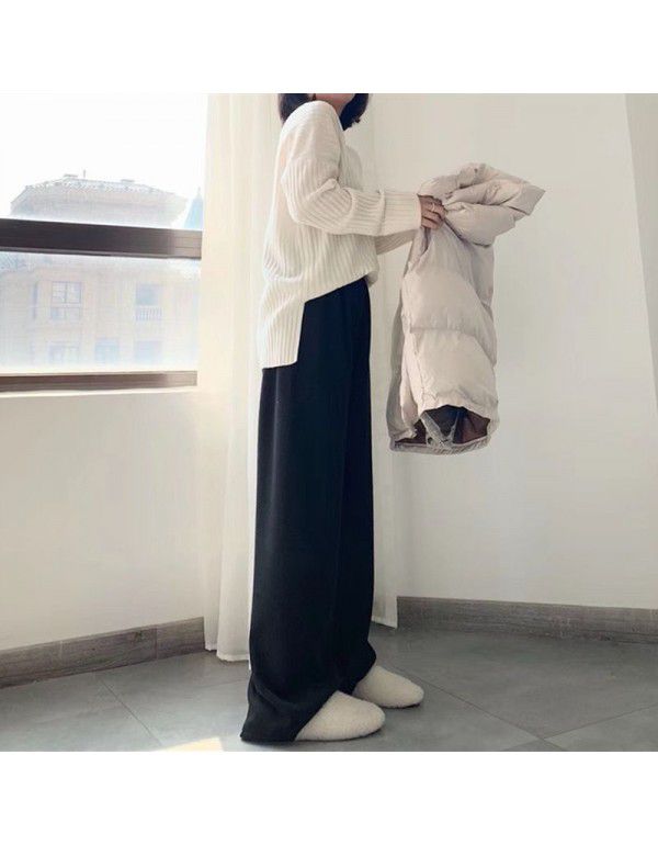 Women's knitted wide leg trousers in autumn and winter, corduroy shows thin, high waist, loose, draping, straight tube, floor, imitation cashmere pants 