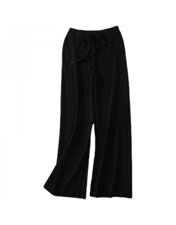White wool knitted wide leg pants for women in autumn and winter, thickened high waist, thin straight tube, loose and draping casual pants 