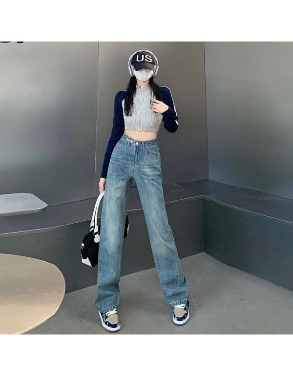 Vintage Blue Straight Leg Jeans Women's Spring New High Waist Loose Fit Slim Small Wide Leg Pants Fashion 