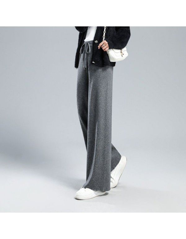 Women's wide leg trousers wear new white knitted trousers in autumn and winter, high waist draping loose wool pants 