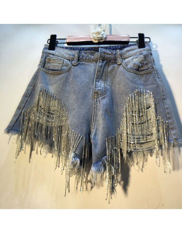 Summer New Breakthrough High Waist Rhinestone Tassel Chain Slim Fit Straight Barrel Denim Shorts Women