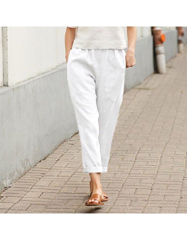 Spring and Autumn New Linen Cotton Loose Show Thin Straight Tube Show Thin Radish Haren Pants Large Women's 9-point Casual Pants 