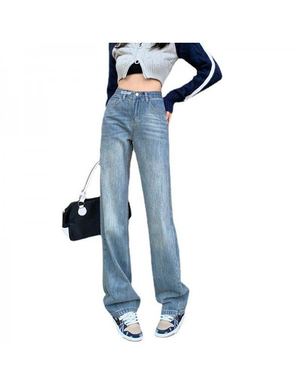 Vintage Blue Straight Leg Jeans Women's Spring New High Waist Loose Fit Slim Small Wide Leg Pants Fashion 