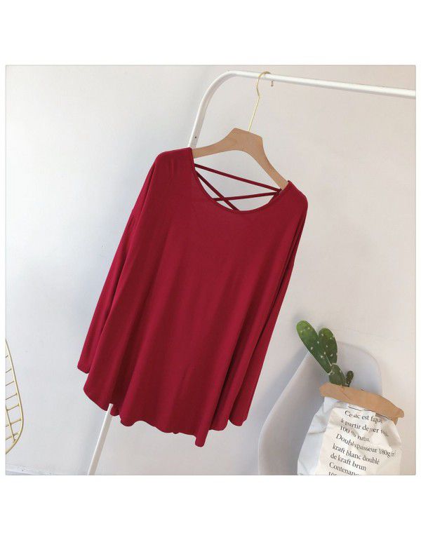 Modal sexy backless long-sleeved T-shirt women's loose large Korean autumn dress solid color draping lazy dance dress 