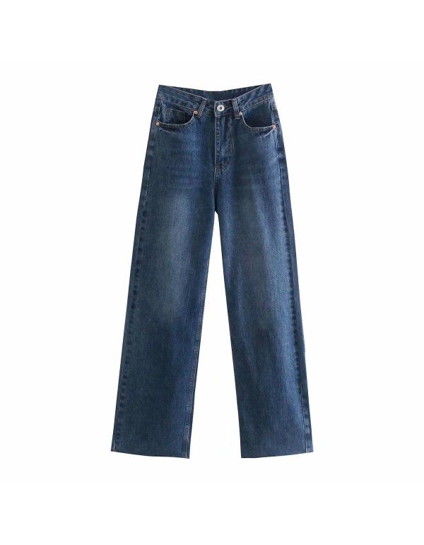 Leisure fashion retro high waist jeans autumn women's trousers loose show thin show leg long hair edge wide leg pants 