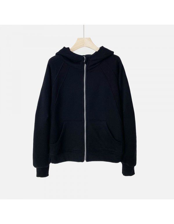 Autumn new style solid color plush zippered sweater short hoodie sportswear casual versatile coat women 