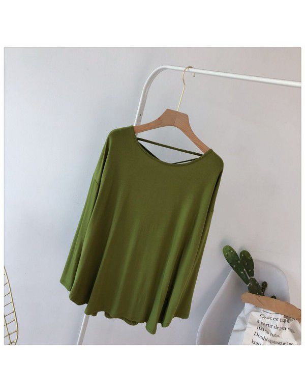 Modal sexy backless long-sleeved T-shirt women's loose large Korean autumn dress solid color draping lazy dance dress 