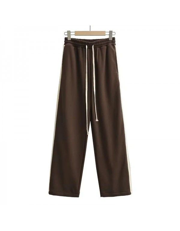 Side contrast color parallel bar guard pants Women's drawstring loose wide leg pants High waist slim casual pants Jazz dance pants 