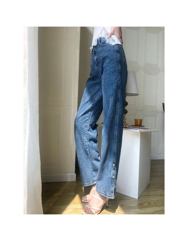 Spring/Summer New Pants Women's Curled Straight Leg Jeans High Waist Loose Autumn/Winter Slim Wide Leg Pants
