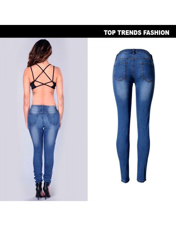 Women's low waist slim elastic denim leggings Irregular cat must have large size 