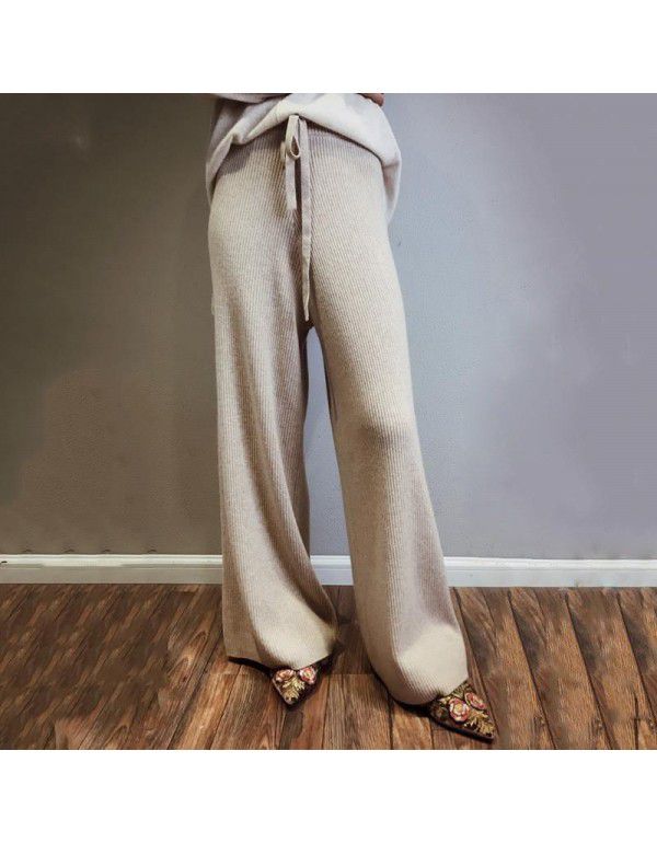 Women's wide leg trousers wear new white knitted trousers in autumn and winter, high waist draping loose wool pants 