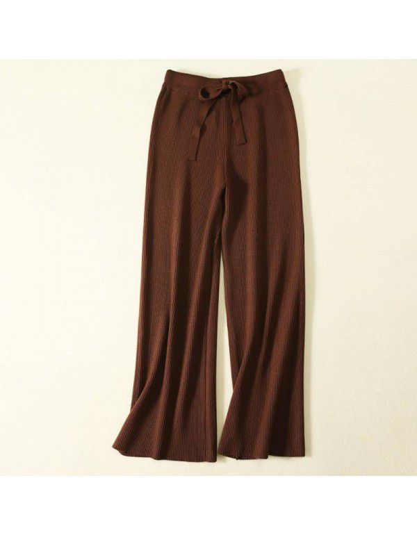 White wool knitted wide leg pants for women in autumn and winter, thickened high waist, thin straight tube, loose and draping casual pants 