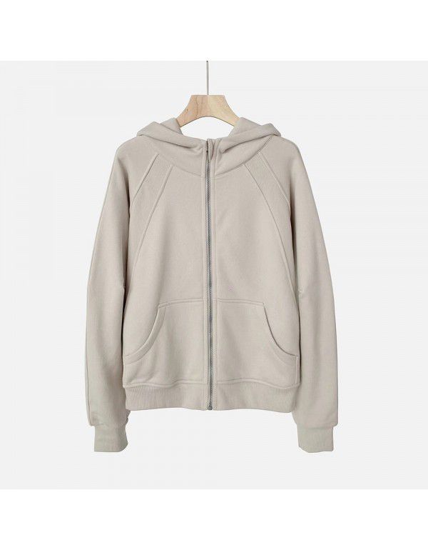 Autumn new style solid color plush zippered sweater short hoodie sportswear casual versatile coat women 