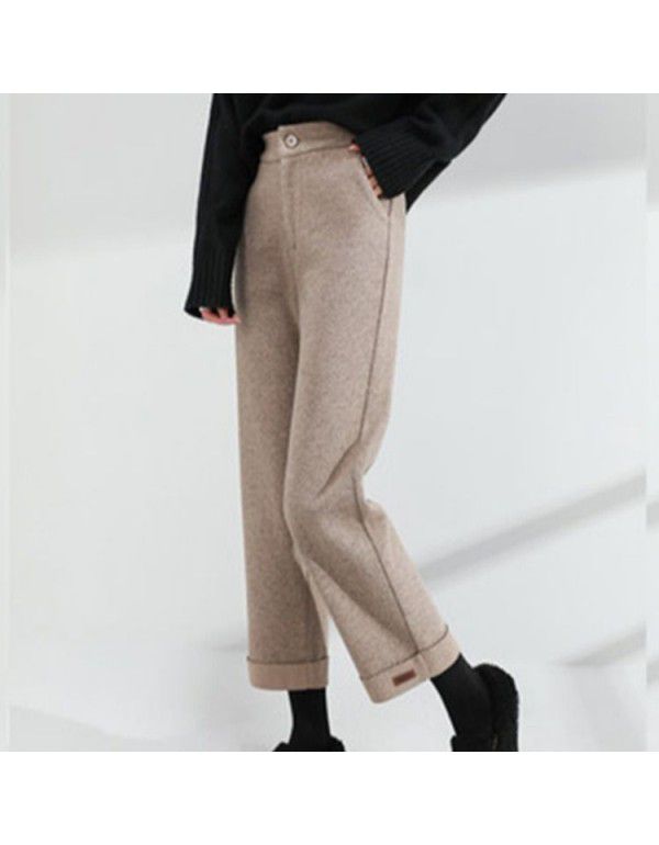 Woolen pants Children's autumn and winter wide legs, high waist, slimming casual cropped loose black thickened straight pants
