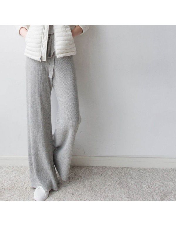 Women's wide leg trousers wear new white knitted trousers in autumn and winter, high waist draping loose wool pants 