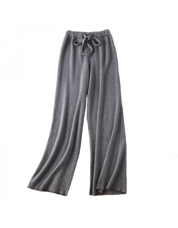 Women's wide leg trousers wear new white knitted trousers in autumn and winter, high waist draping loose wool pants 