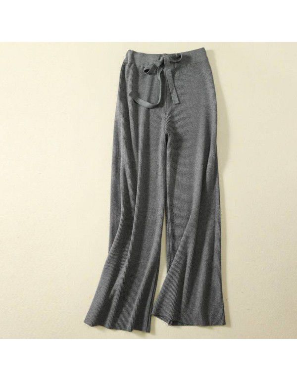 White wool knitted wide leg pants for women in autumn and winter, thickened high waist, thin straight tube, loose and draping casual pants 