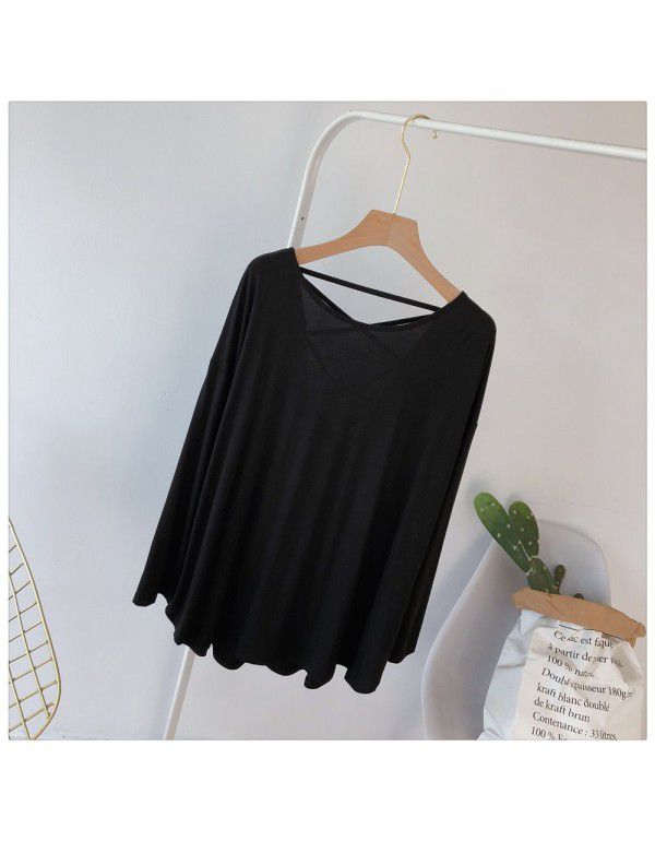 Modal sexy backless long-sleeved T-shirt women's loose large Korean autumn dress solid color draping lazy dance dress 