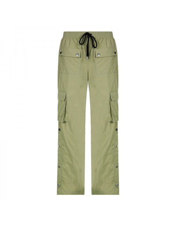 Winter Street Style High Waist Straight Barrel Drawstring Lace Up Button Casual Pants 
