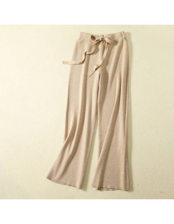 White wool knitted wide leg pants for women in autumn and winter, thickened high waist, thin straight tube, loose and draping casual pants 