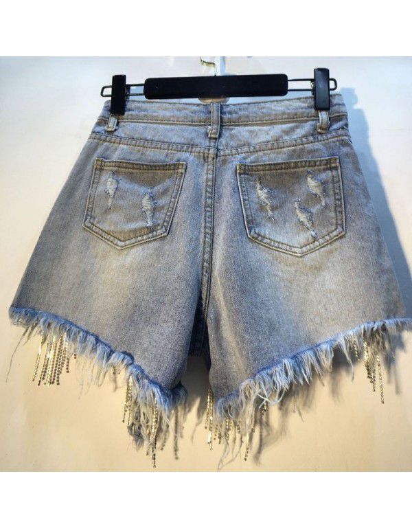 Summer New Breakthrough High Waist Rhinestone Tassel Chain Slim Fit Straight Barrel Denim Shorts Women