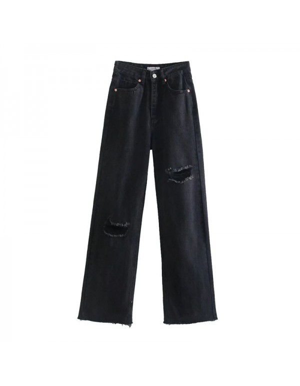 Women's Spring New Style Women's Washable Slim Perforated Decorative Wide Leg High Waist Jeans