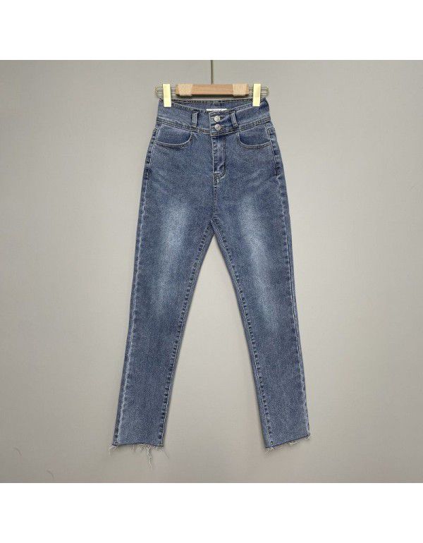 Two Button Tight High Waist Slim Raised Hip Jeans Women's Slim Fit Elastic Feet Pencil Pants