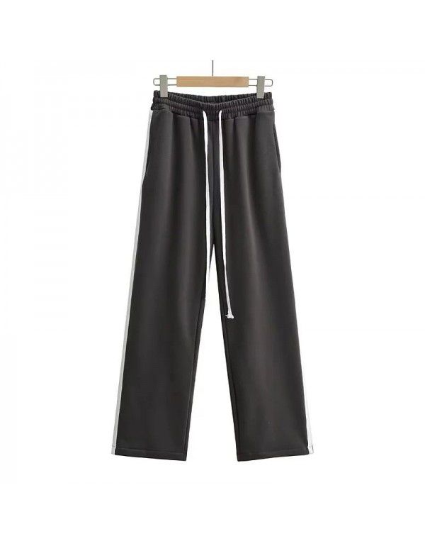 Side contrast color parallel bar guard pants Women's drawstring loose wide leg pants High waist slim casual pants Jazz dance pants 