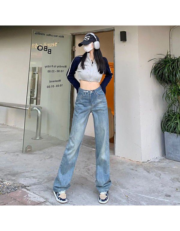 Vintage Blue Straight Leg Jeans Women's Spring New High Waist Loose Fit Slim Small Wide Leg Pants Fashion 
