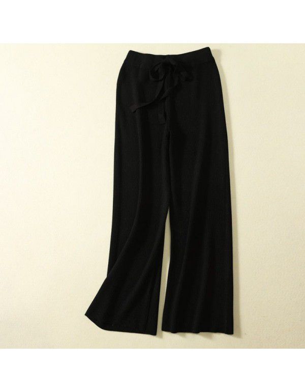 White wool knitted wide leg pants for women in autumn and winter, thickened high waist, thin straight tube, loose and draping casual pants 