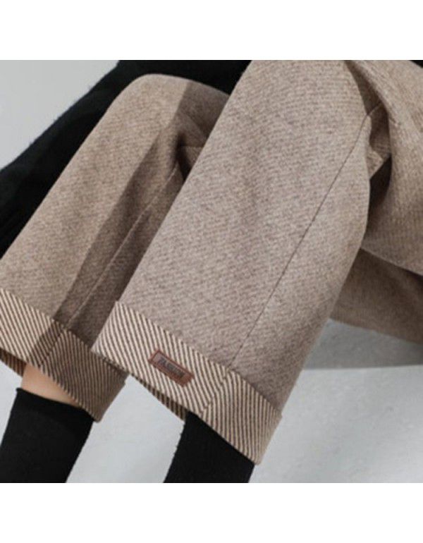 Woolen pants Children's autumn and winter wide legs, high waist, slimming casual cropped loose black thickened straight pants