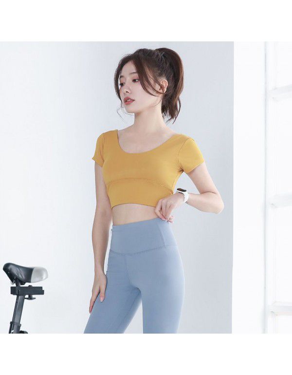 Yoga suit new style sports professional skin-friendly women's navel exposed short-sleeved t-shirt beautiful straps V-step sports tights 