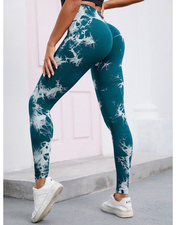 New Fitness Sports Honey Peach Hip Lift High Waist Tight Fit Tie Dye Yoga Pants Pants