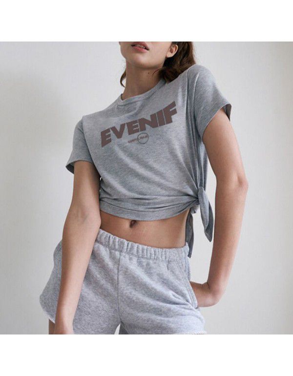 Summer New Yoga Dress Split Print Short Sleeve T-shirt Design Sense European and American Women's Pilates Sports Top 