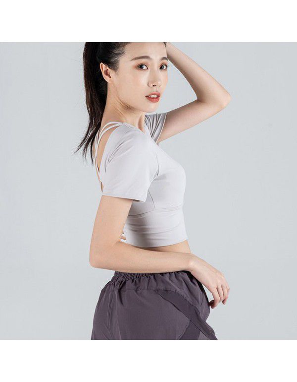 Yoga suit women's padded back sports t-shirt with tight navel exposed sexy running short sleeve mesh red fitness suit top 