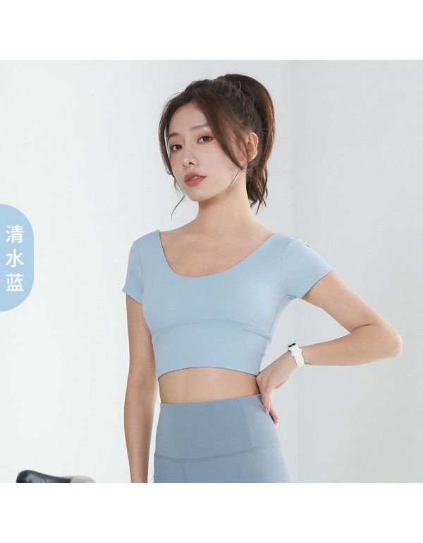 Yoga suit new style sports professional skin-friendly women's navel exposed short-sleeved t-shirt beautiful straps V-step sports tights 
